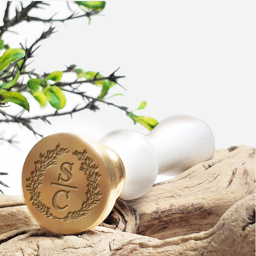 Wreath Symmetry Wedding Monogram Custom Wax Seal Stamp with White Wood Handle-with Preview #1959 - Nostalgic Impressions