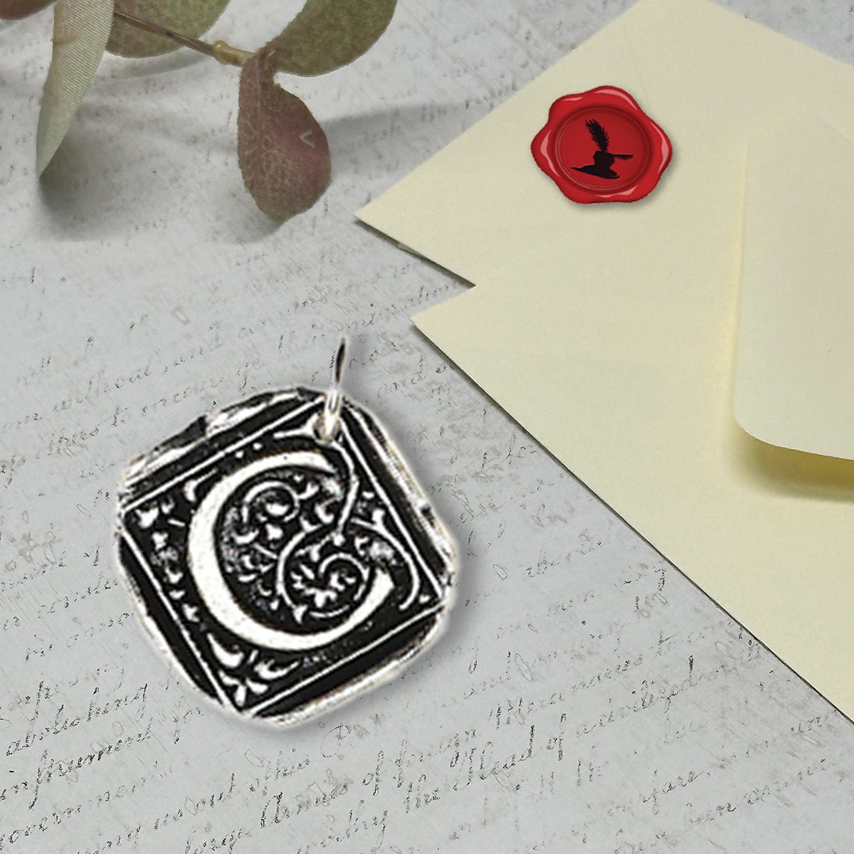 Filigree Initial Wax Seal Charm 1" square - Antiqued Silver - Made in Italy - Nostalgic Impressions