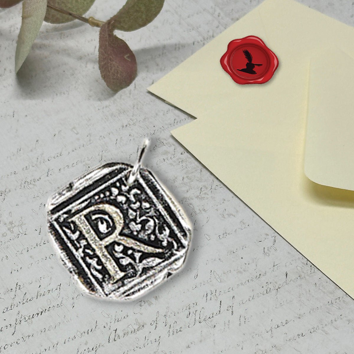 Filigree Initial Wax Seal Charm 1" square - Antiqued Silver - Made in Italy - Nostalgic Impressions