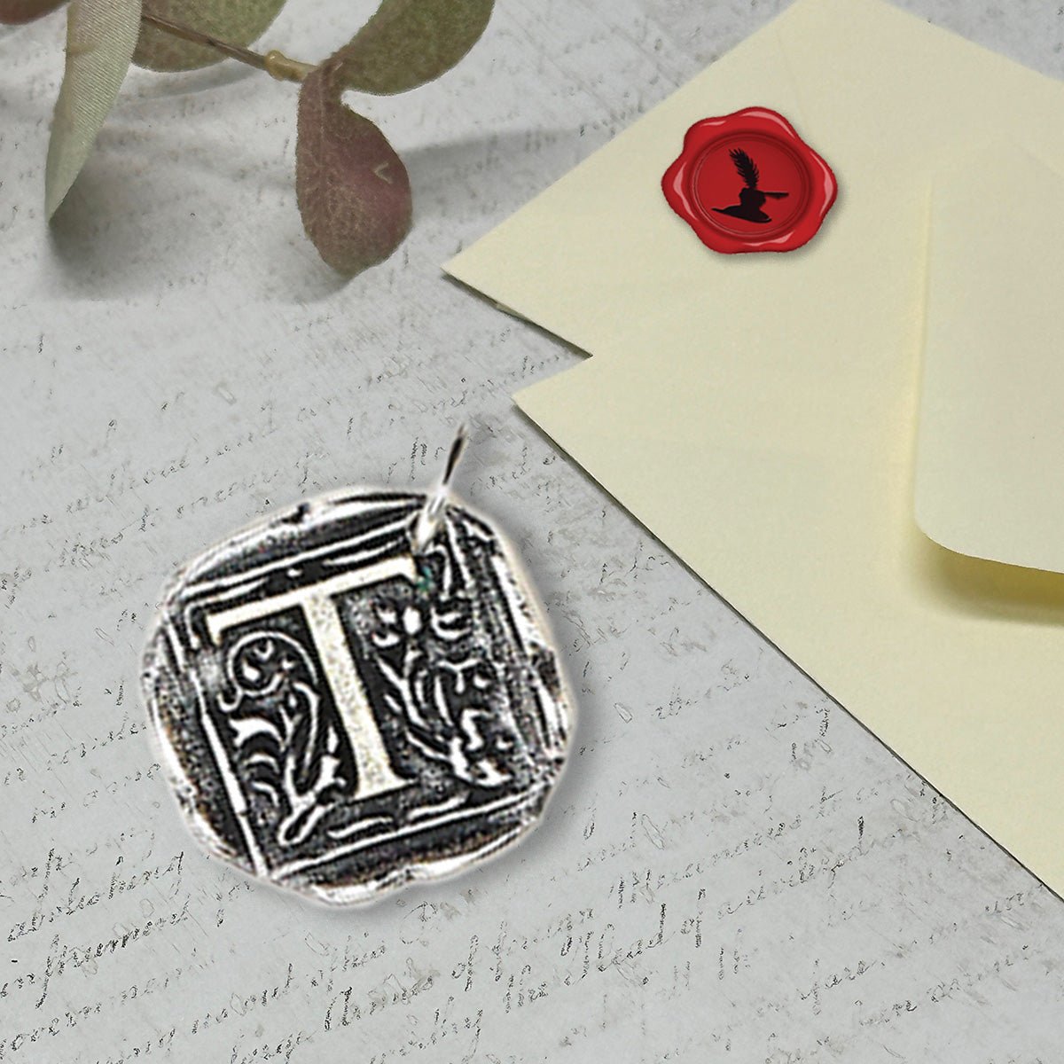 Filigree Initial Wax Seal Charm 1" square - Antiqued Silver - Made in Italy - Nostalgic Impressions