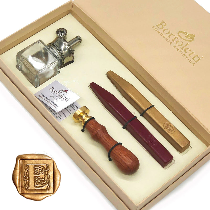 Traditional Wax Seal Kit with Melter Desktop Set by Bortoletti Italy - Letter E - Nostalgic Impressions