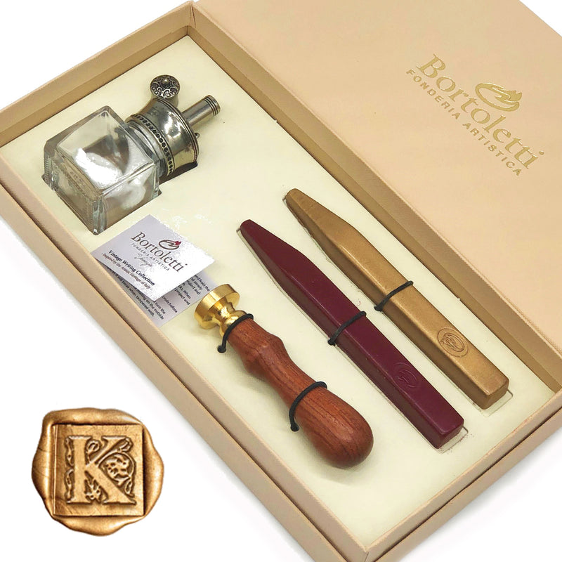 Traditional Wax Seal Kit with Melter Desktop Set by Bortoletti Italy - Letter K - Nostalgic Impressions