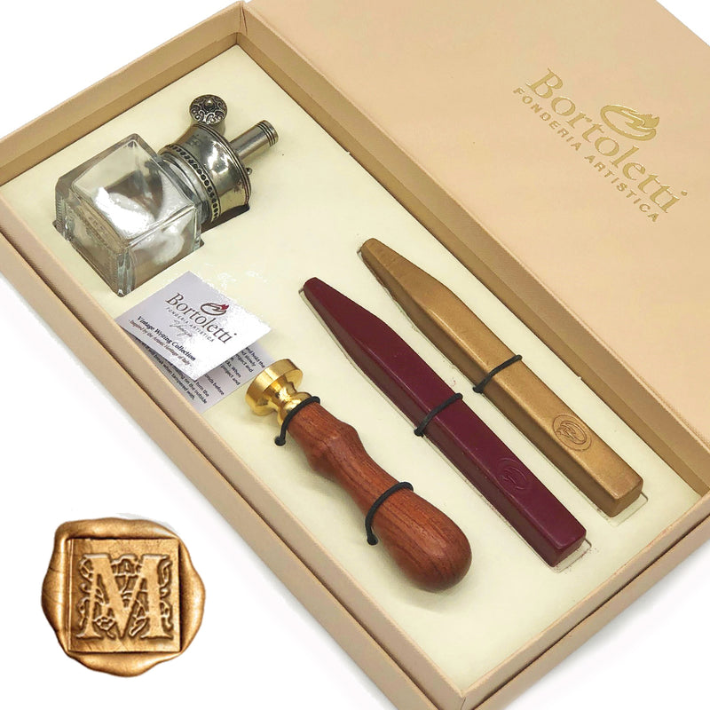 Traditional Wax Seal Kit with Melter Desktop Set by Bortoletti Italy - Letter M- Nostalgic Impressions