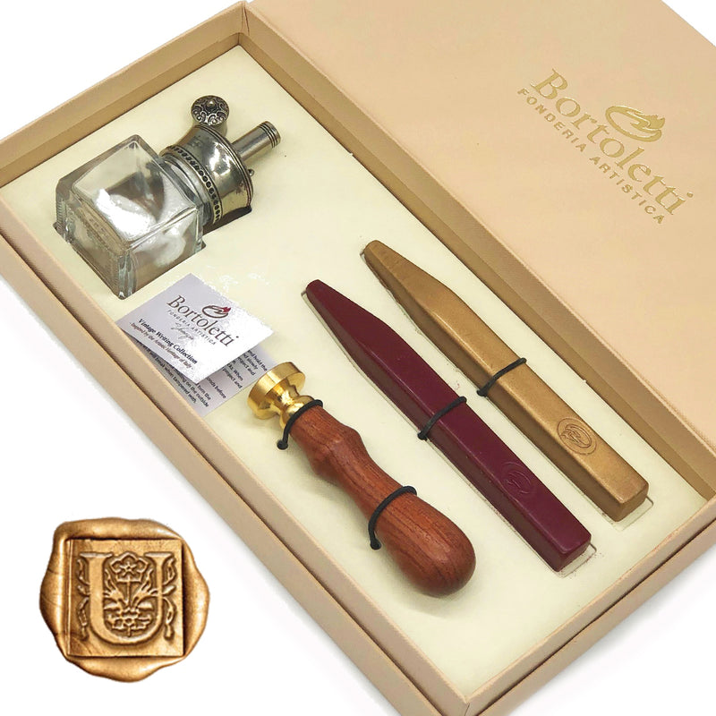 Traditional Wax Seal Kit with Melter Desktop Set by Bortoletti Italy - Letter U - Nostalgic Impressions