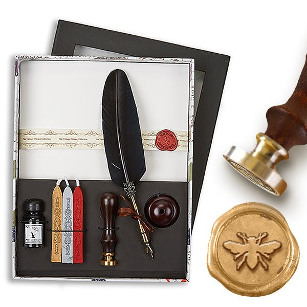 Linen Stationery Wax Seal Set with Black Quill Pen, Ink, Pen Stand & Initial or Design Wax Seal Stamp - Nostalgic Impressions
