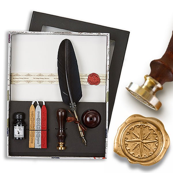 Linen Stationery Wax Seal Set with Black Quill Pen, Ink, Pen Stand & Initial or Design Wax Seal Stamp - Nostalgic Impressions