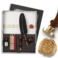 Linen Stationery Wax Seal Set with Black Quill Pen, Ink, Pen Stand & Initial or Design Wax Seal Stamp - Nostalgic Impressions
