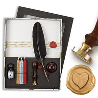 Linen Stationery Wax Seal Set with Black Quill Pen, Ink, Pen Stand & Initial or Design Wax Seal Stamp - Nostalgic Impressions