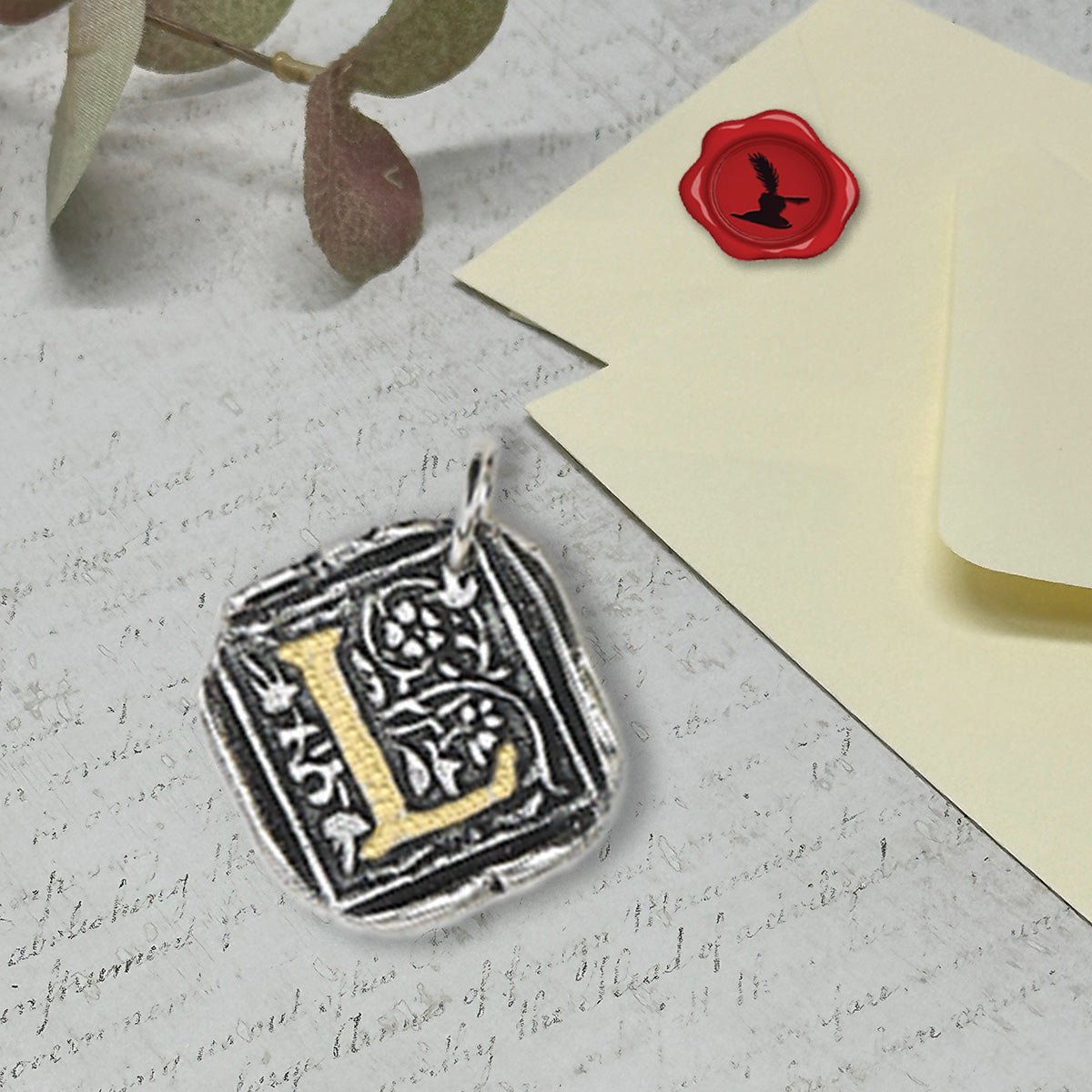 Filigree Initial Wax Seal Charm 1" square - Antiqued Silver/Brass Initial Accent - Made in Italy - Nostalgic Impressions