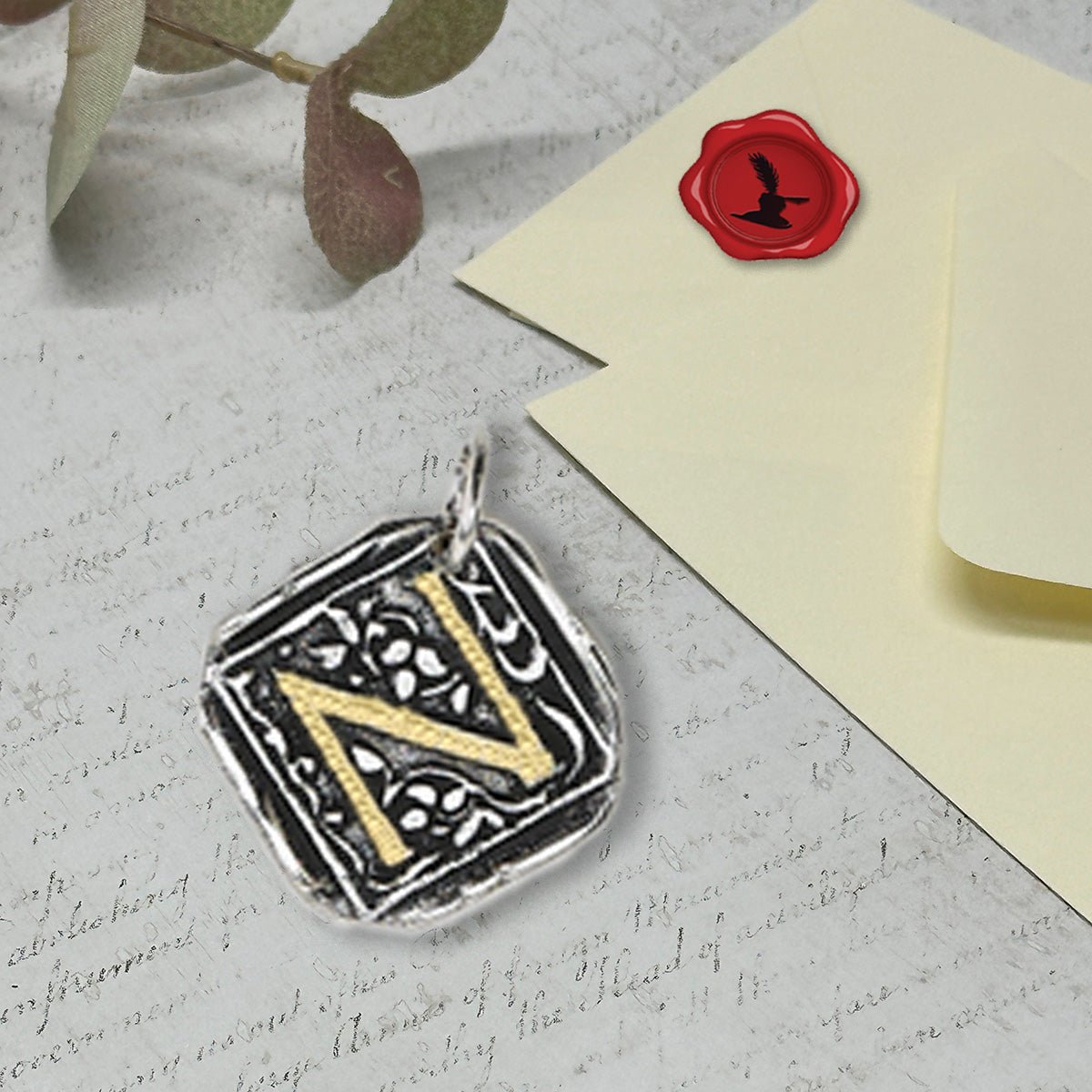 Filigree Initial Wax Seal Charm 1" square - Antiqued Silver/Brass Initial Accent - Made in Italy - Nostalgic Impressions