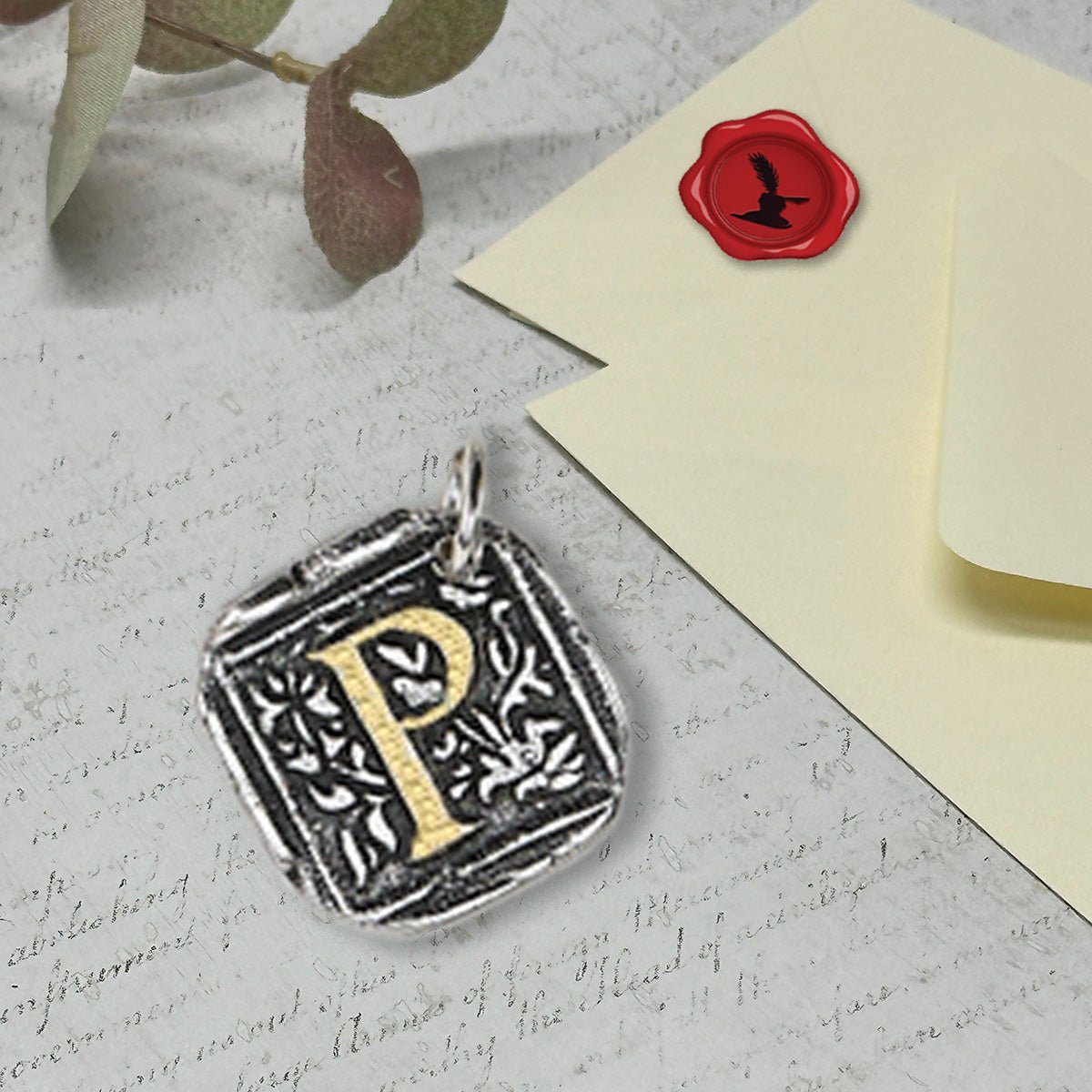 Filigree Initial Wax Seal Charm 1" square - Antiqued Silver/Brass Initial Accent - Made in Italy - Nostalgic Impressions