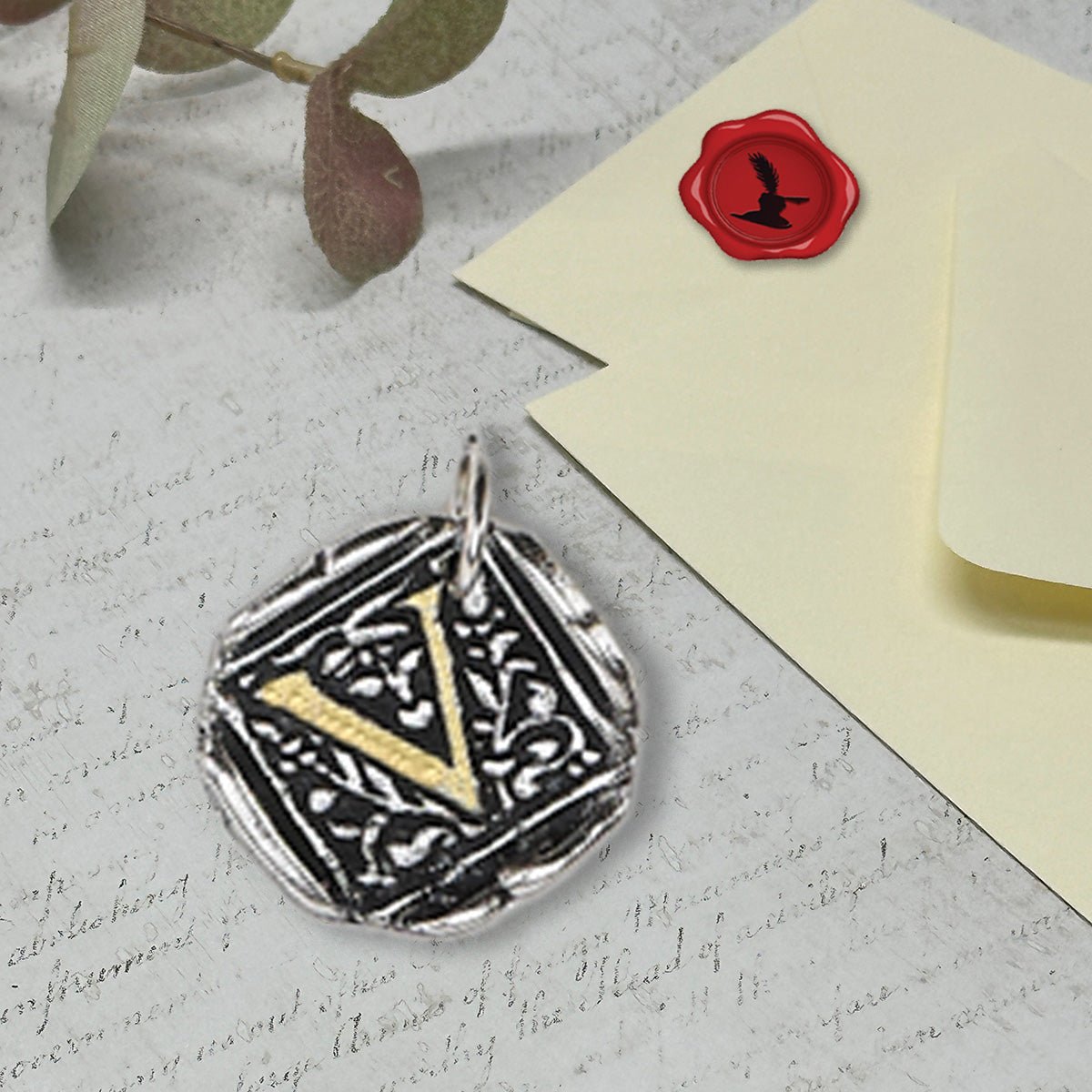 Filigree Initial Wax Seal Charm 1" square - Antiqued Silver/Brass Initial Accent - Made in Italy - Nostalgic Impressions