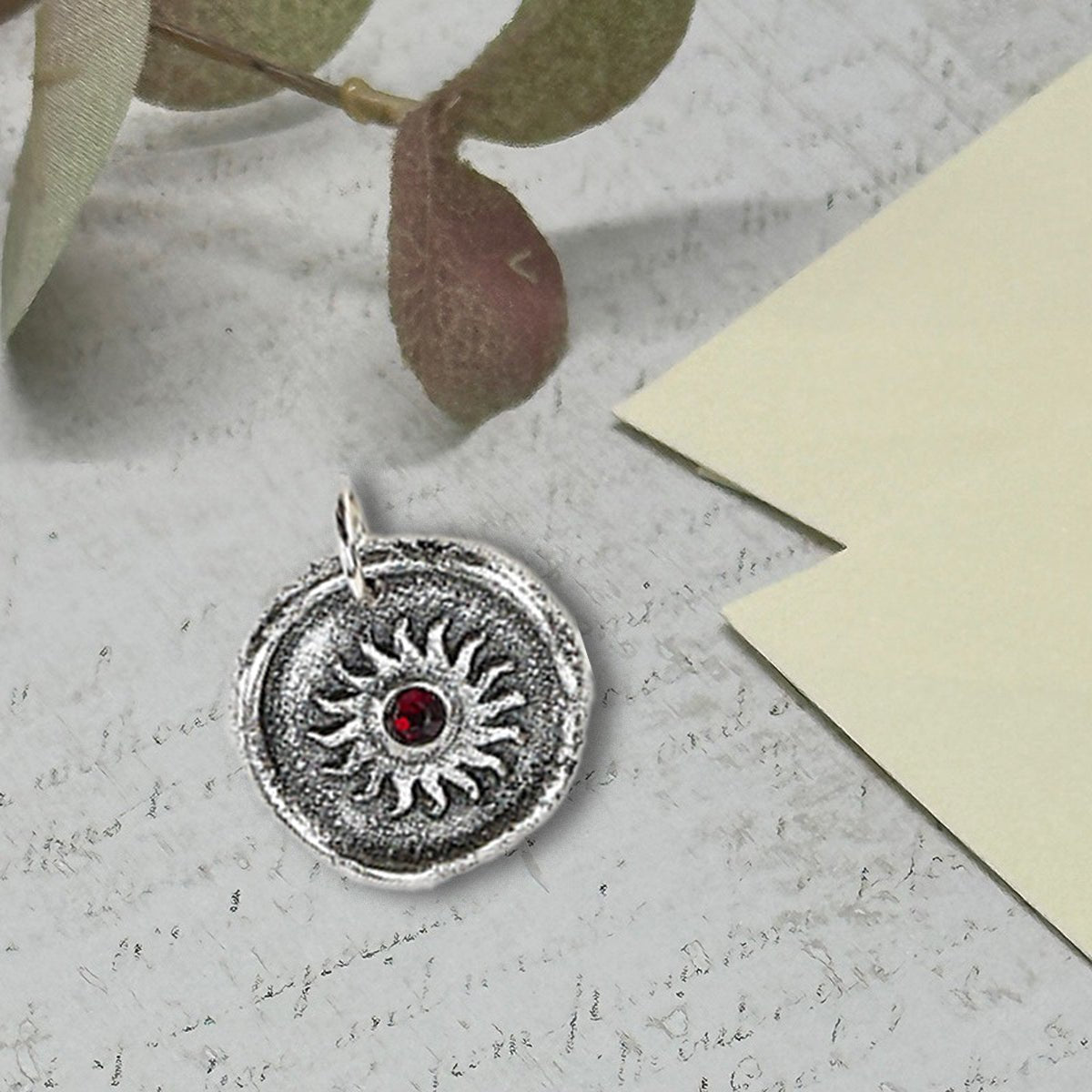 Sun Wax Seal Charm with Birthstone 7/8" - Antiqued Silver - Made In Italy - Nostalgic Impressions
