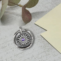 Sun Wax Seal Charm with Birthstone 7/8" - Antiqued Silver - Made In Italy - Nostalgic Impressions