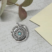 Sun Wax Seal Charm with Birthstone 7/8" - Antiqued Silver - Made In Italy - Nostalgic Impressions