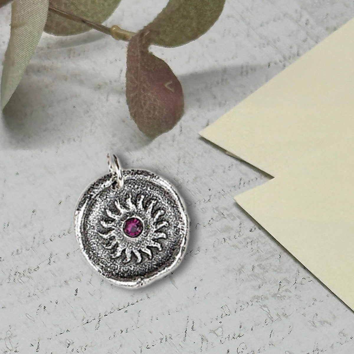 Sun Wax Seal Charm with Birthstone 7/8" - Antiqued Silver - Made In Italy - Nostalgic Impressions