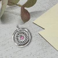 Sun Wax Seal Charm with Birthstone 7/8" - Antiqued Silver - Made In Italy - Nostalgic Impressions