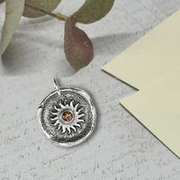 Sun Wax Seal Charm with Birthstone 7/8" - Antiqued Silver - Made In Italy - Nostalgic Impressions