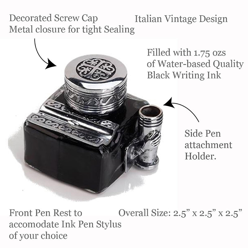 Glass Inkwell with 2 Pen Rests -filled with Ink