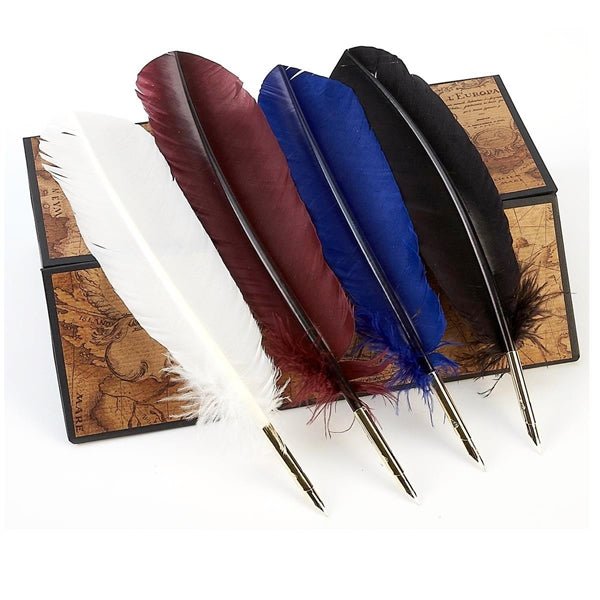 Pewter Feather Quill, Ink & Pewter Pen Holder - Red