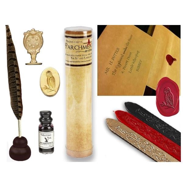 Harry Potter Quill & Ink Wizard's Writing Bundle with Parchment Paper & Owl Sealing Wax Seal Stamp