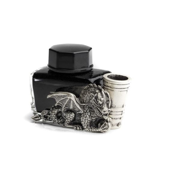 Glass Inkwell with Dragon & Pewter Pen Holder - Black Writing Ink - Nostalgic Impressions