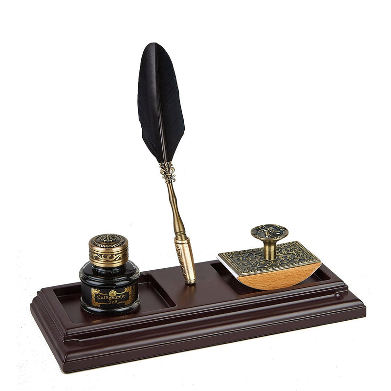 Vintage Desk Set with Quill Pen Inkwell & Ink Blotter- Bronze