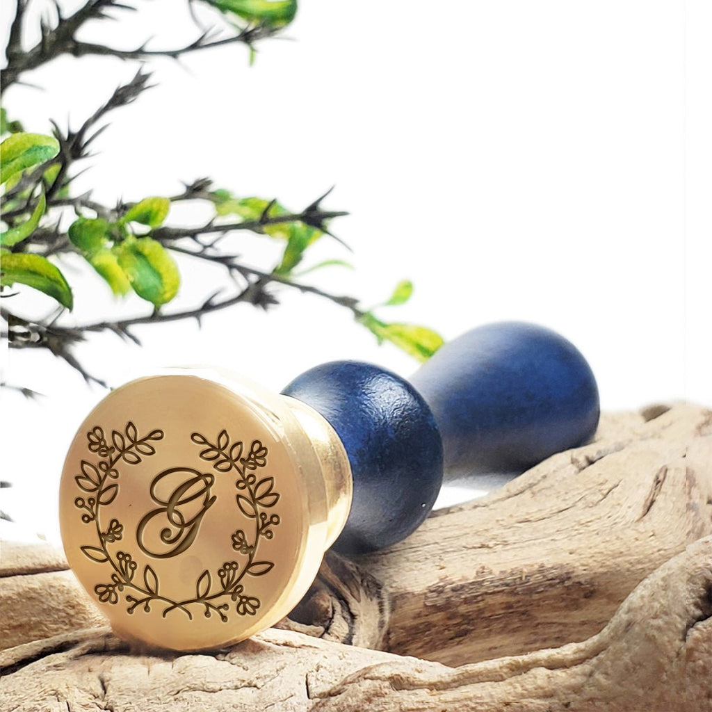 Coronal Initial Custom Wax Seal Stamp with Blue Wood Handle-Multiple Font Choices with Preview #8002 - Nostalgic Impressions