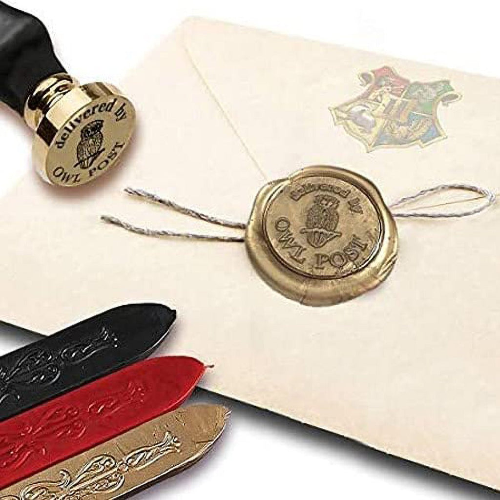Harry Potter Owl Post Seal Stamp Kit with Brown Wood Handle and Red Gold and Black Sealing Wax - Nostalgic Impressions