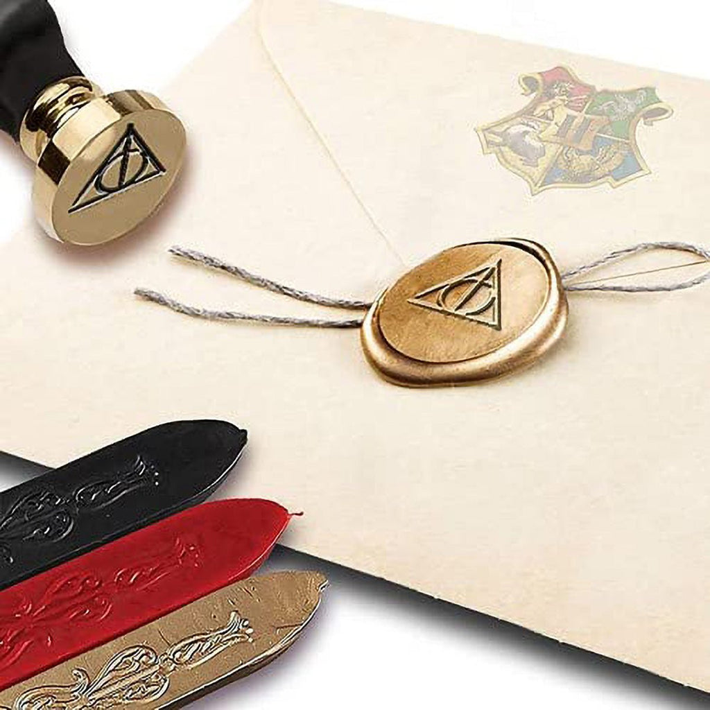 Harry Potter Deathly Hallows Seal Stamp Kit with Brown Wood Handle and Red Gold and Black Sealing Wax - Nostalgic Impressions