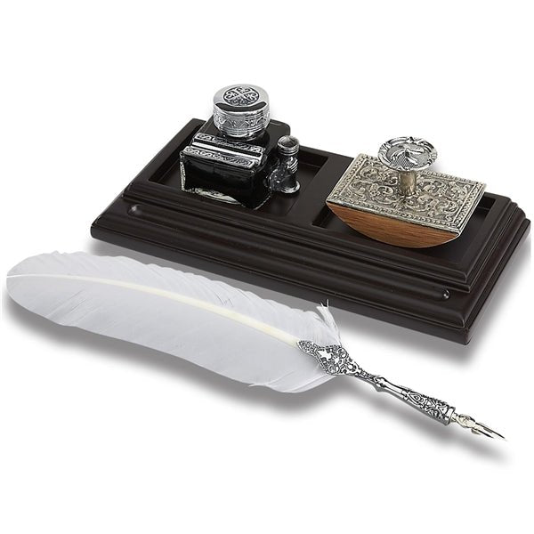 Vintage Desk Set with Quill Pen Inkwell & Ink Blotter- Silver