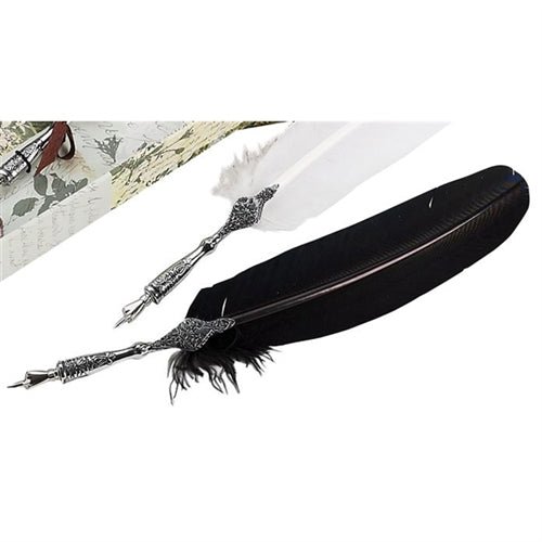 Feather Quill Pen & Ink Set-Decorated Silver Metal Dip Pen