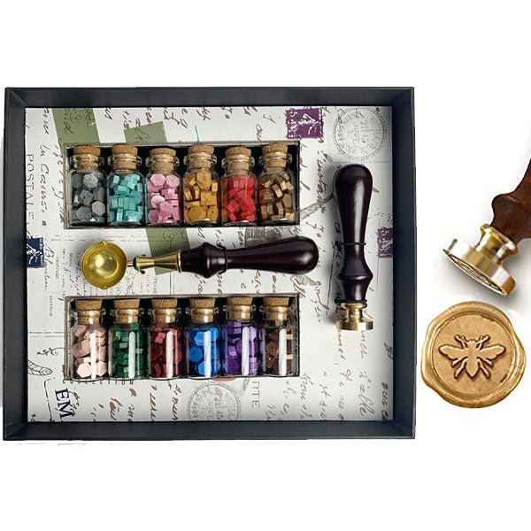 Bee Bead Sealing Wax Starter Kit with Wax Seal Stamp, 12 colors Sealing Wax and Melting Spoon - Nostalgic Impressions