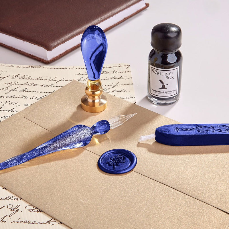 Blue Glass Wax Seal & Calligraphy Pen & Ink Set