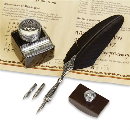 Feather Quill Pen & Ink Set with Ink , Blotter & Nibs – Nostalgic  Impressions