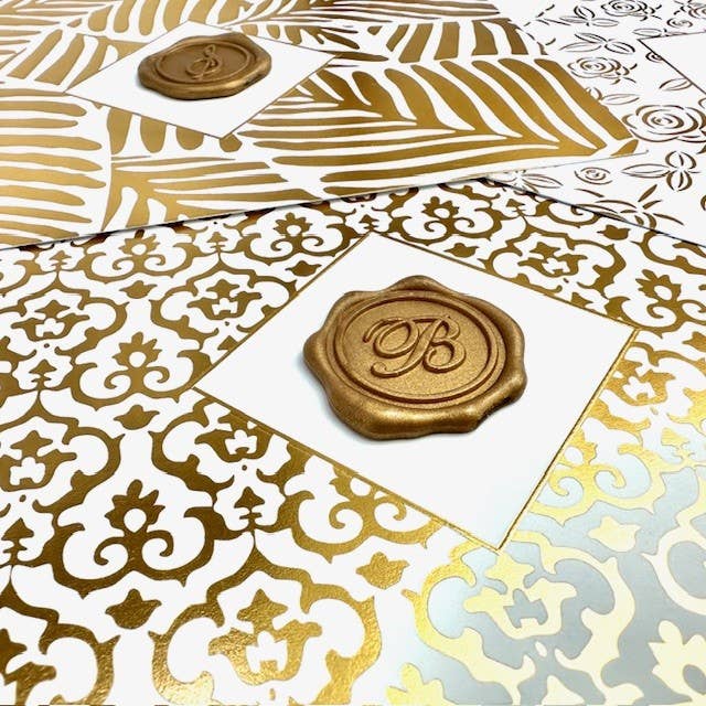 Gold Foil Brocade Single Initial Note Card with Wax Seal Detail by Nostalgic Impressions