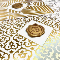 Gold Foil Brocade Single Initial Note Card with Wax Seal Detail by Nostalgic Impressions