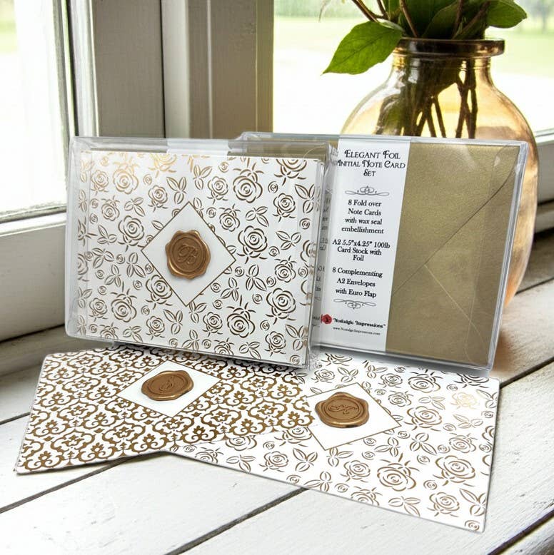 Gold Foil Brocade Single Initial Note Cards Boxed Set with Wax Seals by Nostalgic Impressions