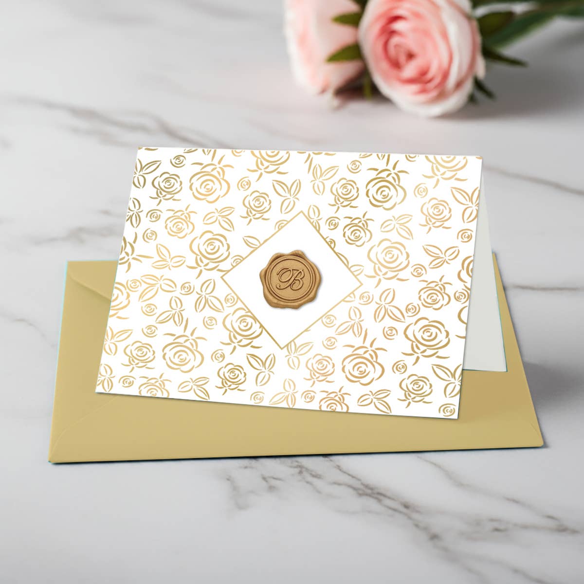Gold Foil Roses Single Initial Note Cards with Wax Seals by Nostalgic Impressions