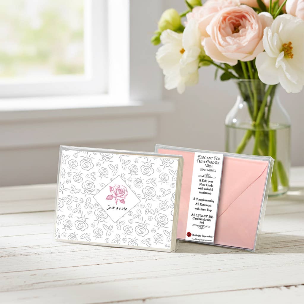 Silver Foil Just a Note Note Cards Boxed Set of 8 with Rosa envelopes by Nostalgic Impressions