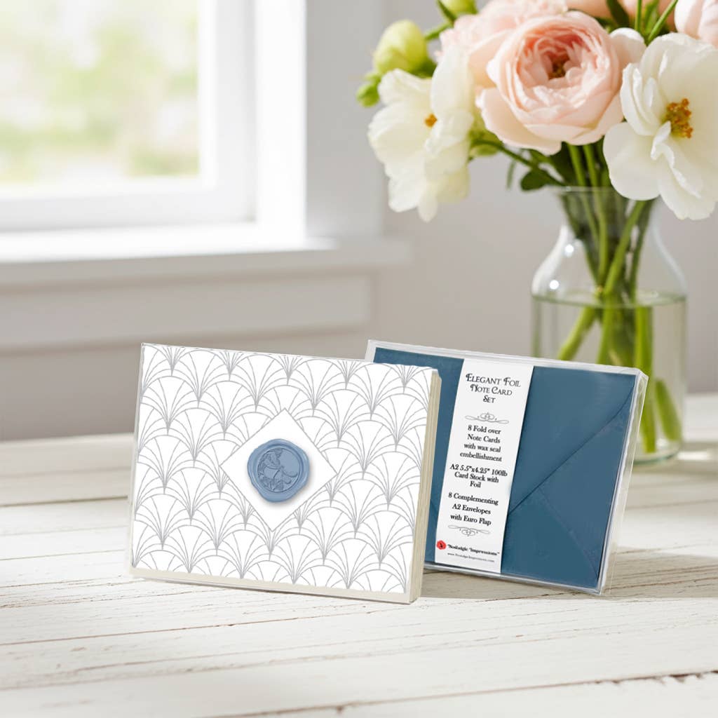 Art Deco Silver Foil Boxed Note Card Set with Slate Blue Dragonfly Wax Seal by Nostalgic Impressions