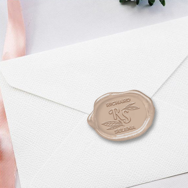 Selena Wedding Monogram Adhesive Wax Seals Rounded Oval with names #2594 bundle with stamp - Nostalgic Impressions