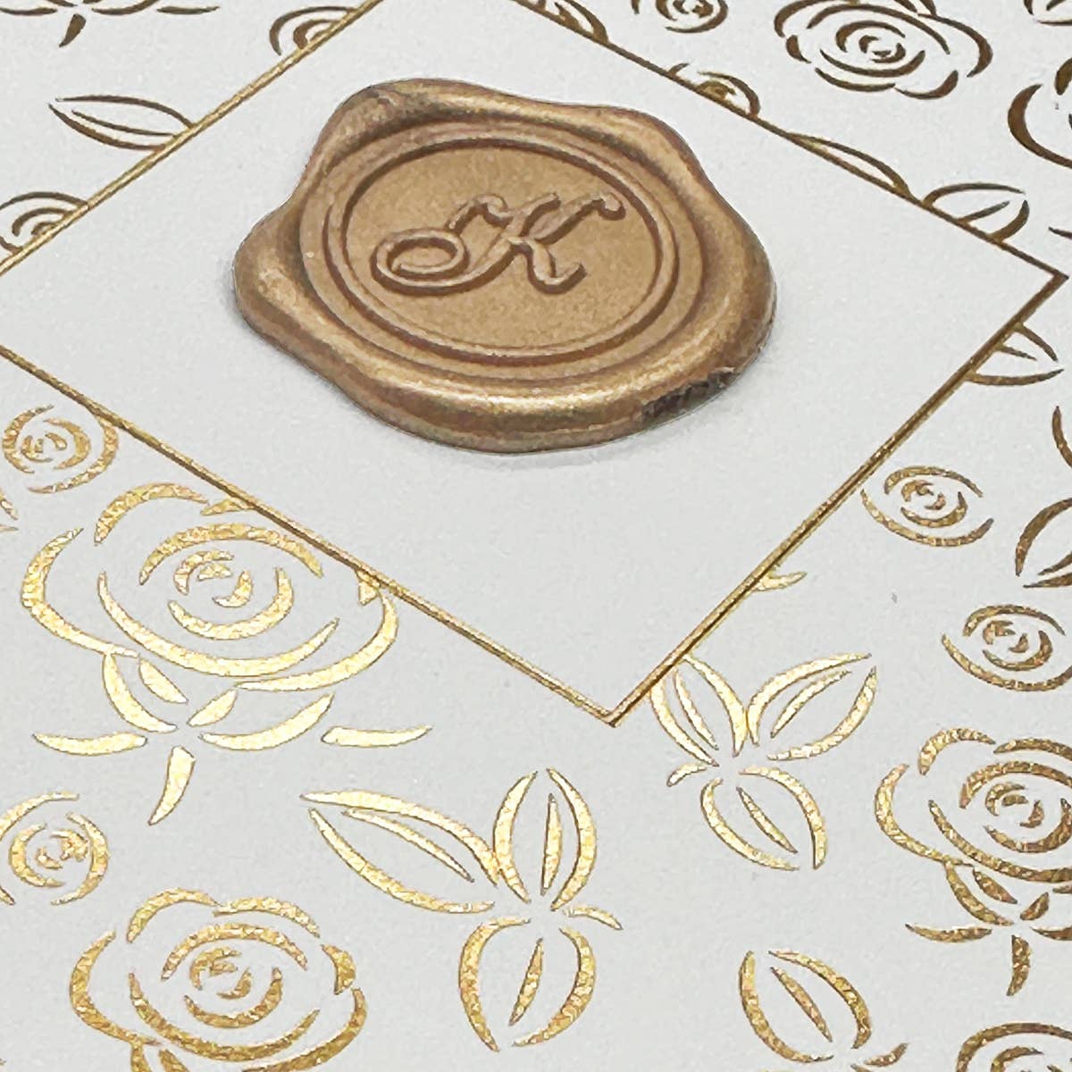 Gold Foil Roses Single Initial Note Card with Wax Seal detail by Nostalgic Impressions