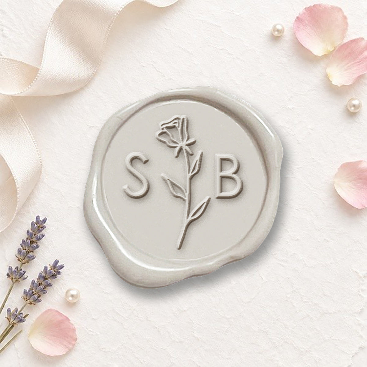 Rose Stem Wedding Monogram Adhesive Wax Seals #3388B Bundle with Stamp