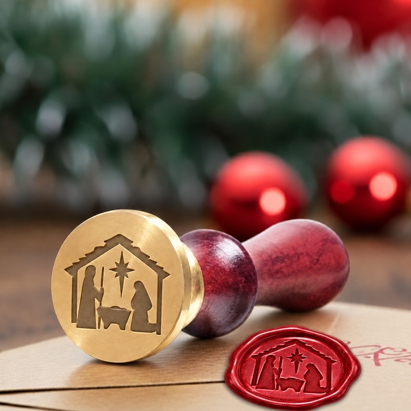 Nativity Brass wax seal stamp with a burgundy wood handle