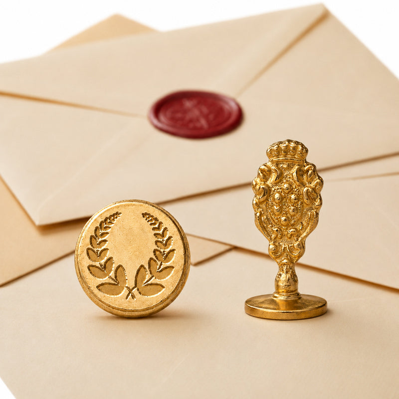 Laurel Wreath Wax Seal Stamp – Vintage-Style Round Florentine Brass Stamp with Attached Handle - Nostalgic Impressions