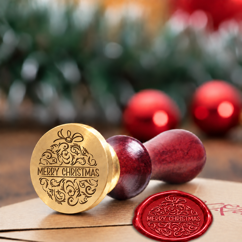 Merry Christmas-Ornament design Brass wax seal stamp with a burgundy wood handle