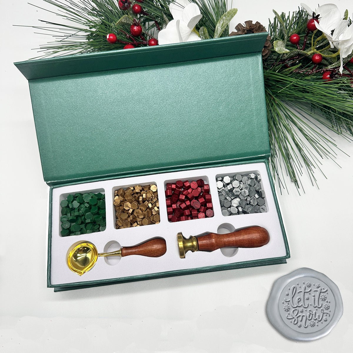 Holiday Wax Seal Kit with 4 Bead Waxes, Spoon and Christmas Wax Seal Stamp - Nostalgic Impressions