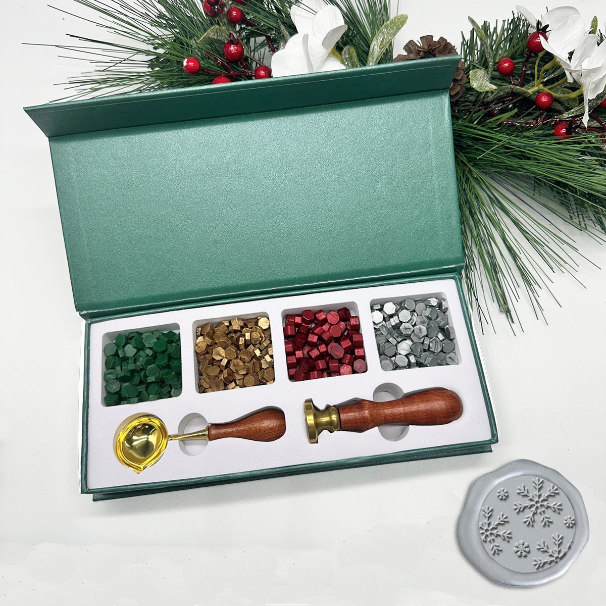 Holiday Wax Seal Kit with 4 Bead Waxes, Spoon and Christmas Wax Seal Stamp - Nostalgic Impressions