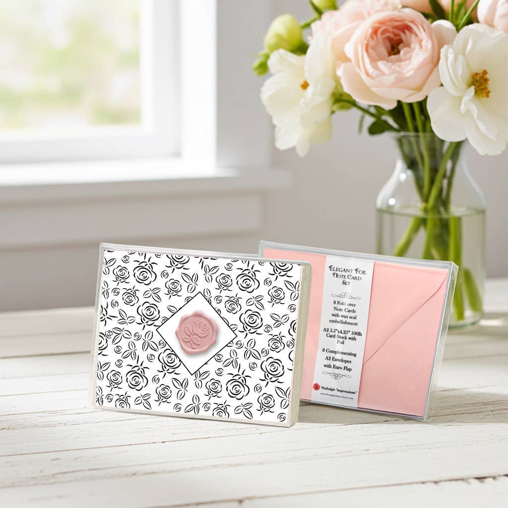 Rose Black Foil Boxed Note Cards Set with Wax Seal by Nostalgic Impressions